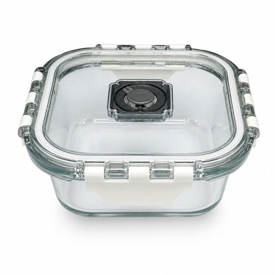 INOUTHOMECO 1100ml square borosilicate glass meal prep container with a white locking lid and steam vent.