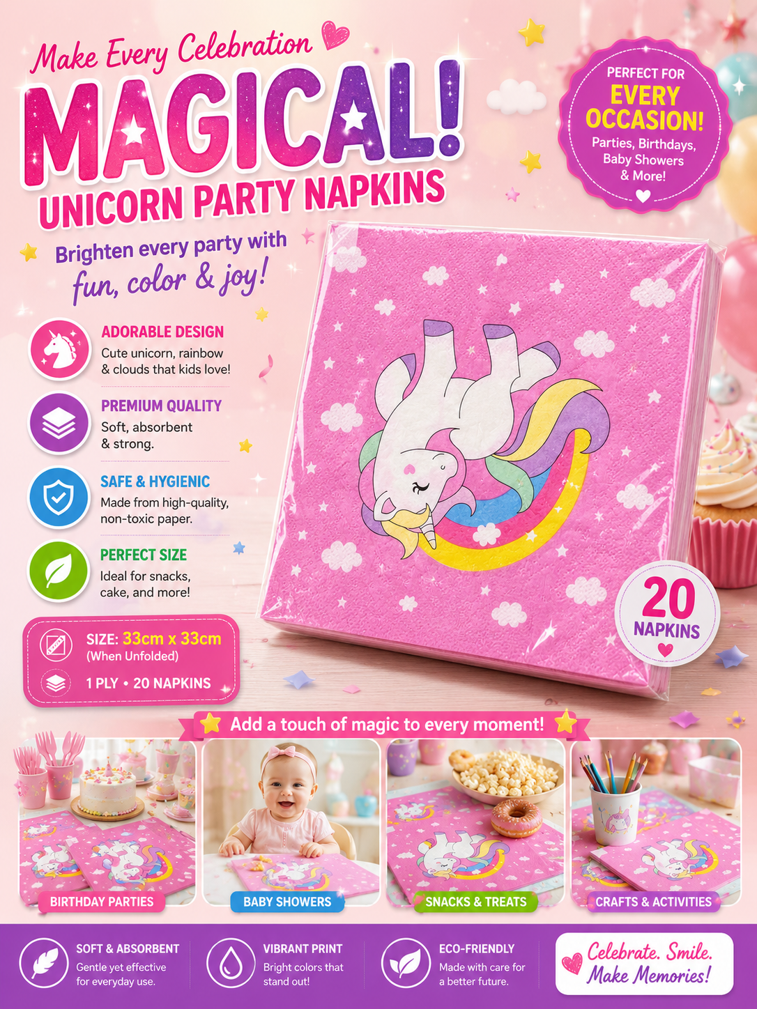 INOUTHOMECO unicorn party paper serviettes featuring a pink design with a rainbow unicorn for birthdays and events.