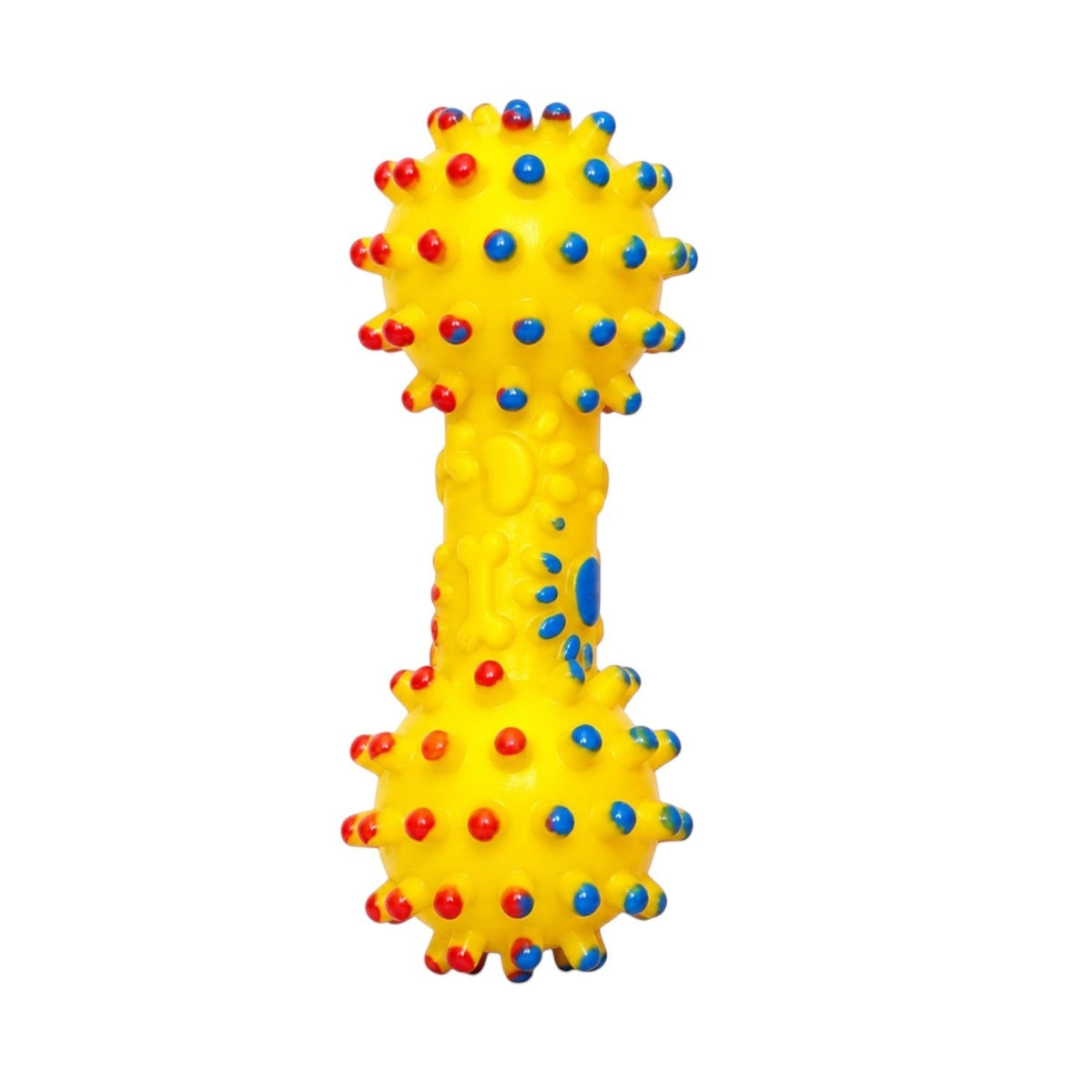 INOUTHOMECO yellow rubber dumbbell dog chew toy with red and blue spiky massage nodes for dental health