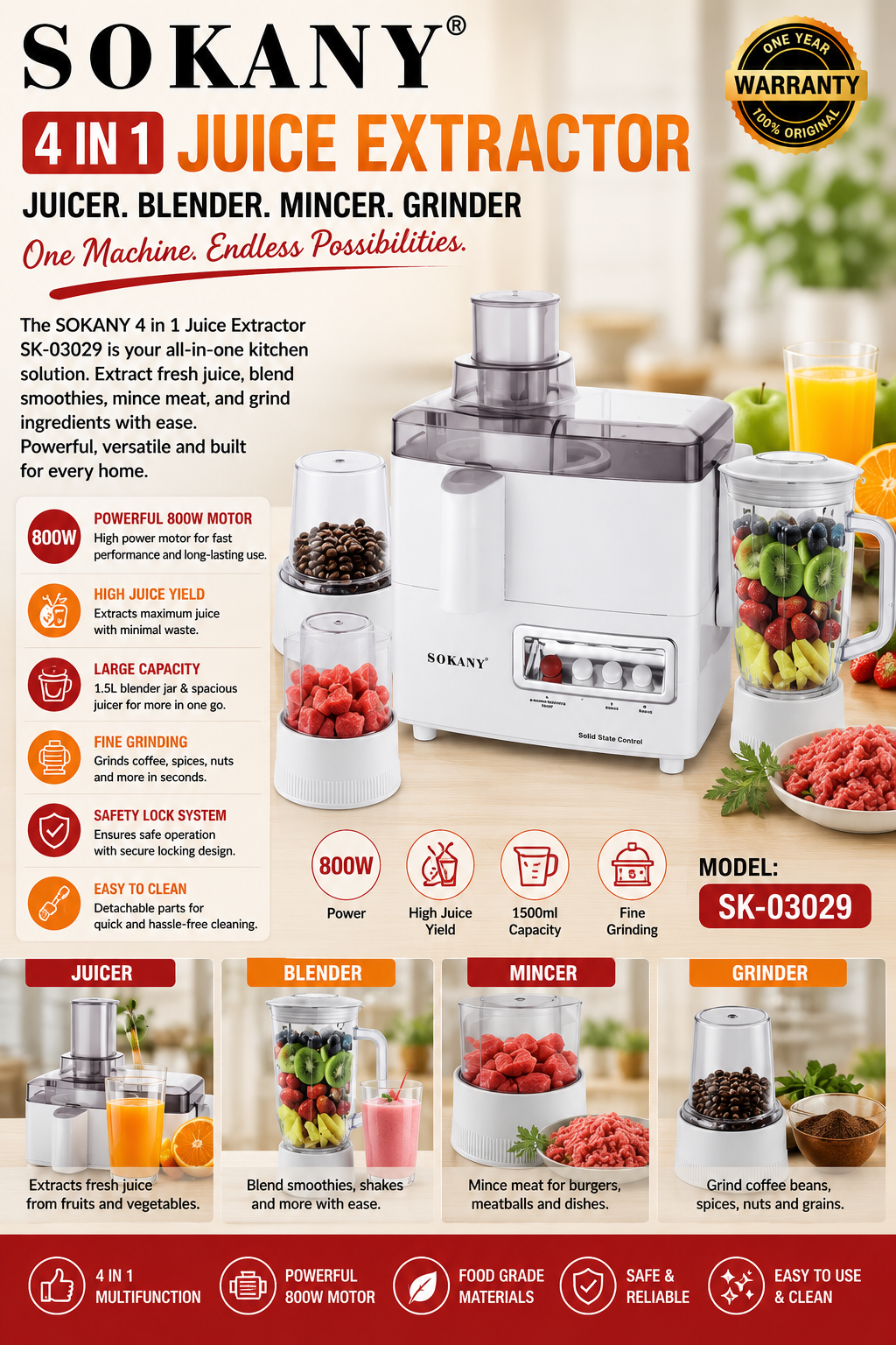 SOKANY 4-in-1 Juice Extractor | Blender | Grinder | 800W | 1.5L Blender Capacity
