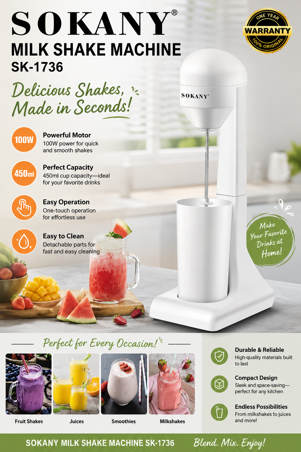 SOKANY Milkshake Machine | 100W | 450ml Capacity | One Touch Operation