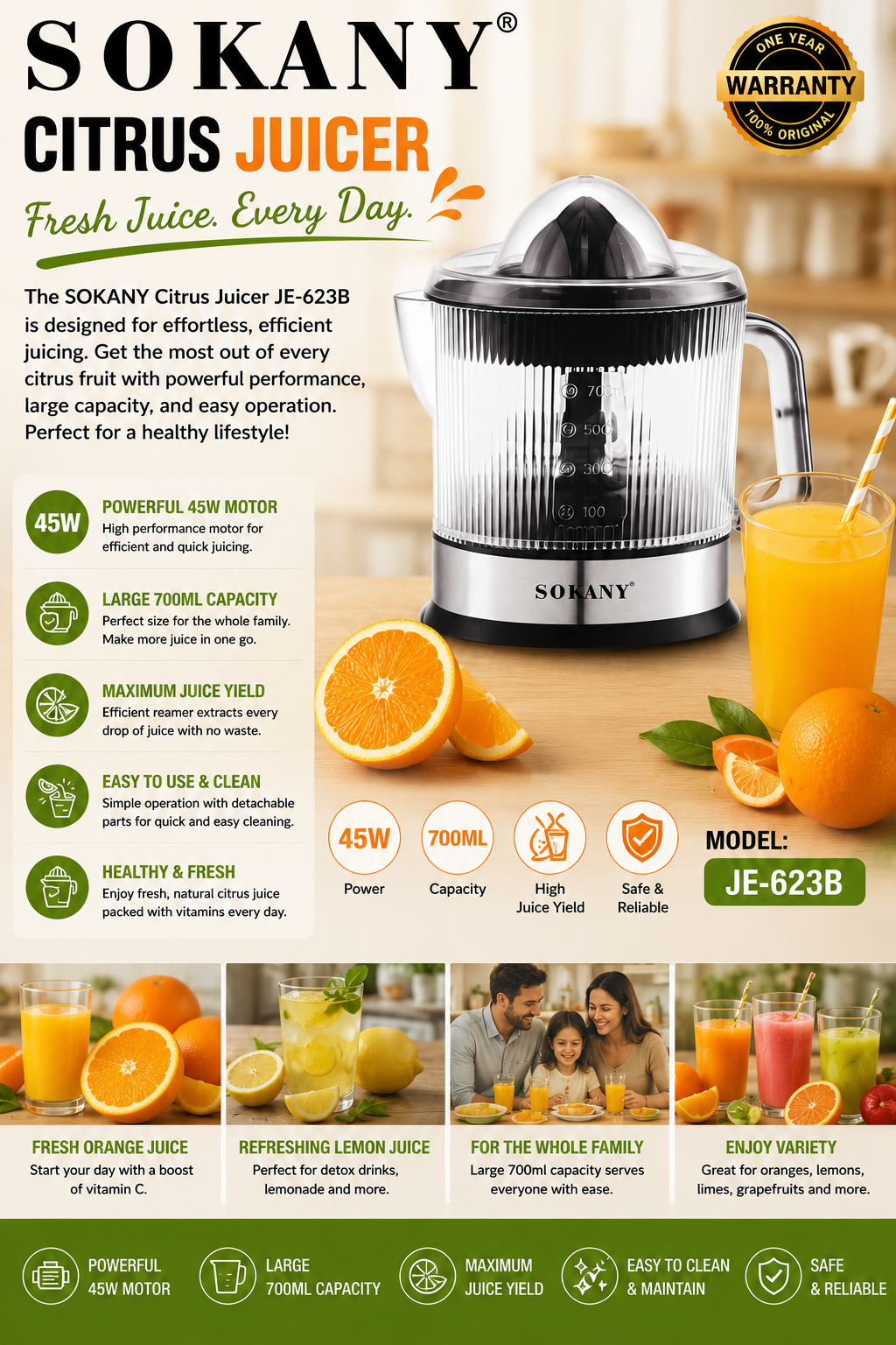 SOKANY Citrus Electric Juicer | 45W | 700ml Capacity