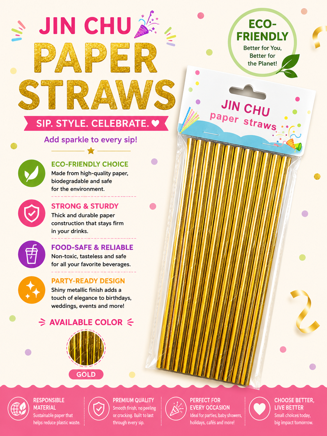 Premium Metallic Disposable 25 Piece Paper Straws