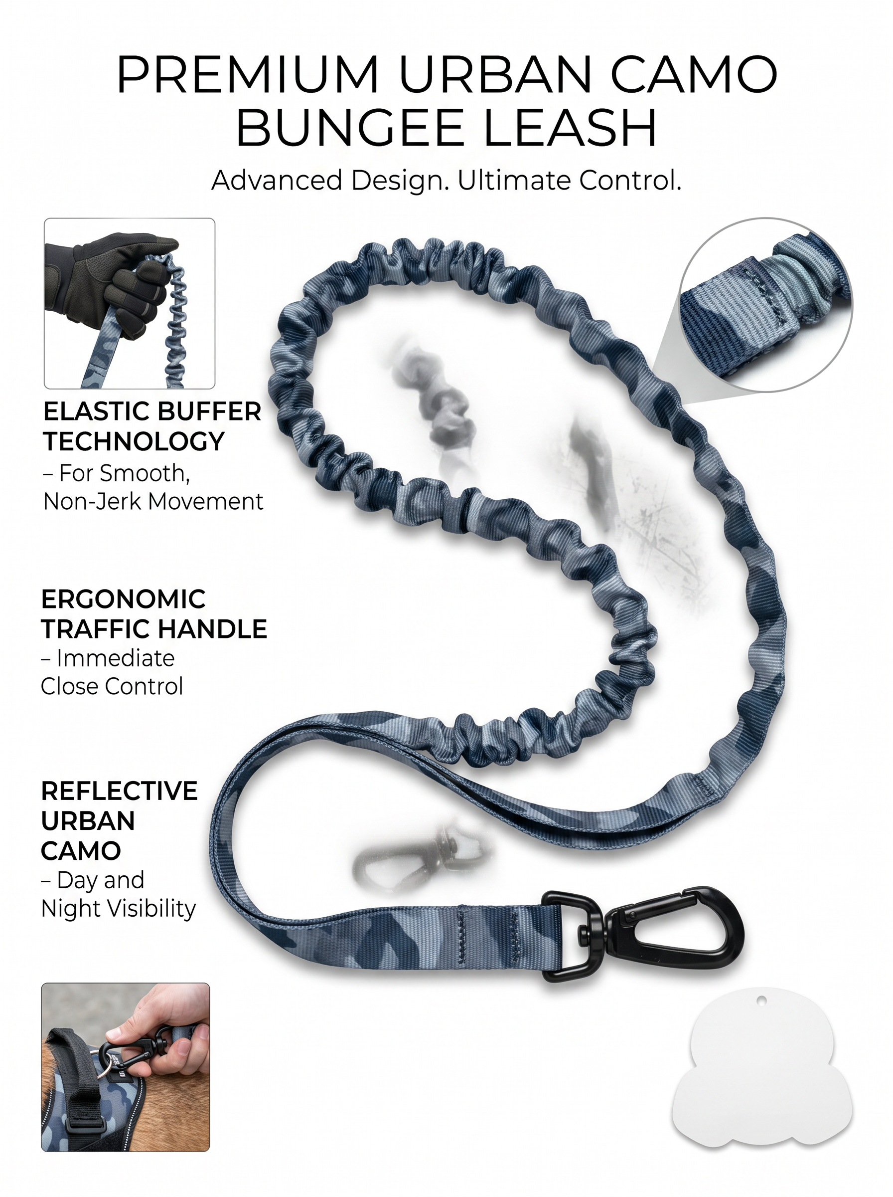 Premium Urban Camo Bungee Pet Leash | Heavy-Duty Swivel Snap Hook | Ergonomic Traffic Handle