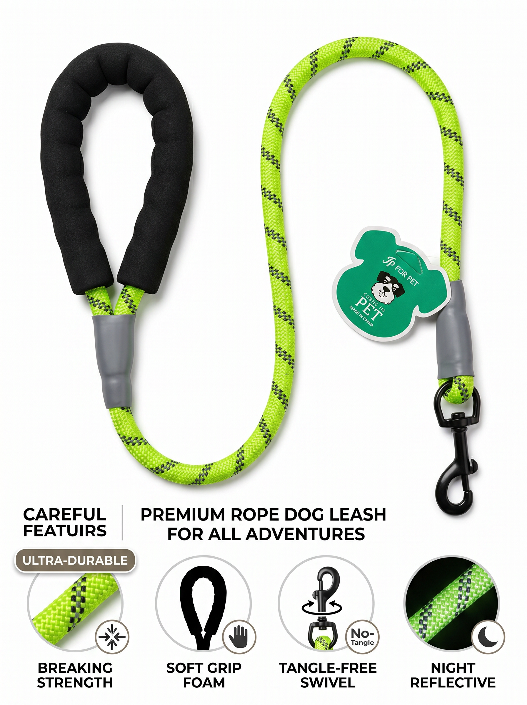 Premium Rope Dog Leash | 360° Swivel Metal Clasp | Soft Foam-Padded Ergonomic Handle