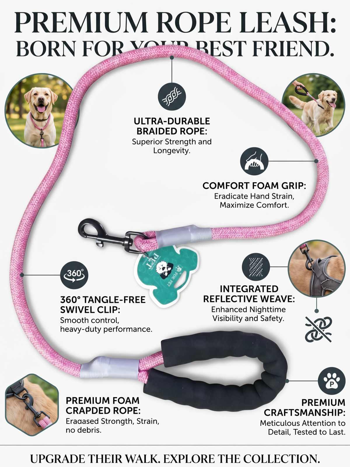 Premium Rope Pet Leash | 360° Swivel Clip | Comfort Foam Handle