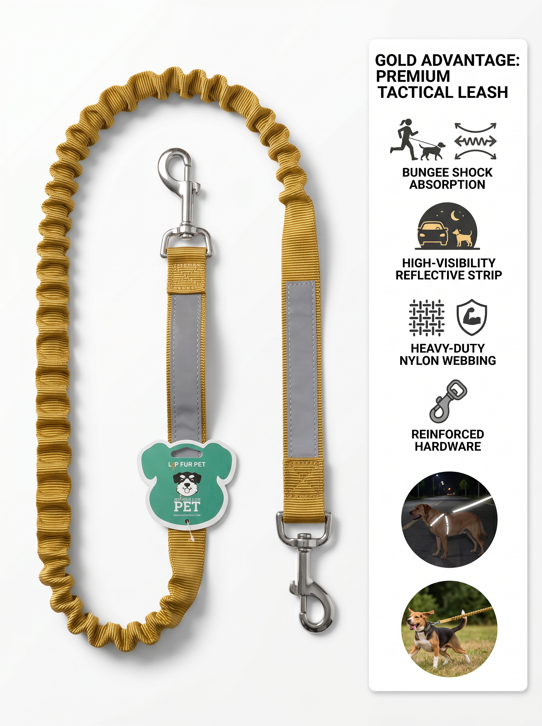 Premium Tactical Bungee Dog Leash | 360° Swivel Clip | Heavy-Duty Nylon Webbing