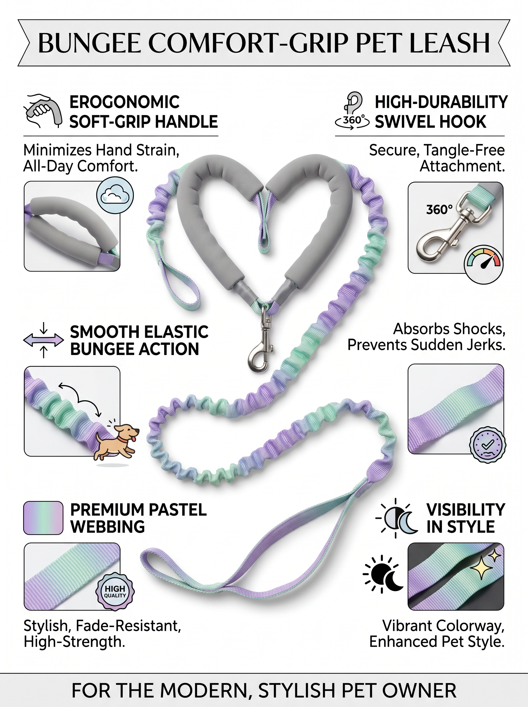 Bungee Comfort-Grip Pet Leash | 360° Swivel Hook | Premium Woven Webbing