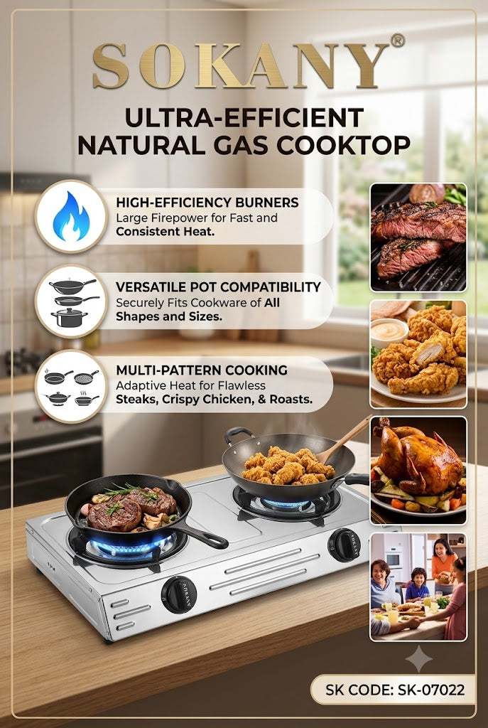 SOKANY Gas Stove | 2-Burner Gas Cooktop | Large Firepower | Stainless Steel Shell