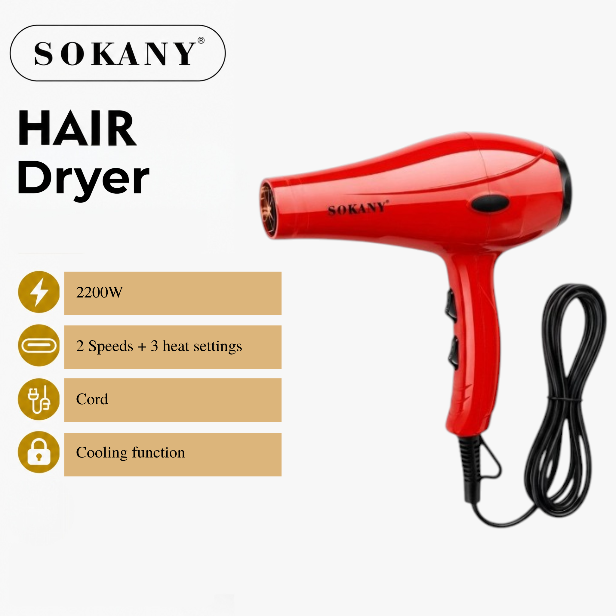 SOKANY 2200W Professional Hair Dryer | Ionic Fast Dry