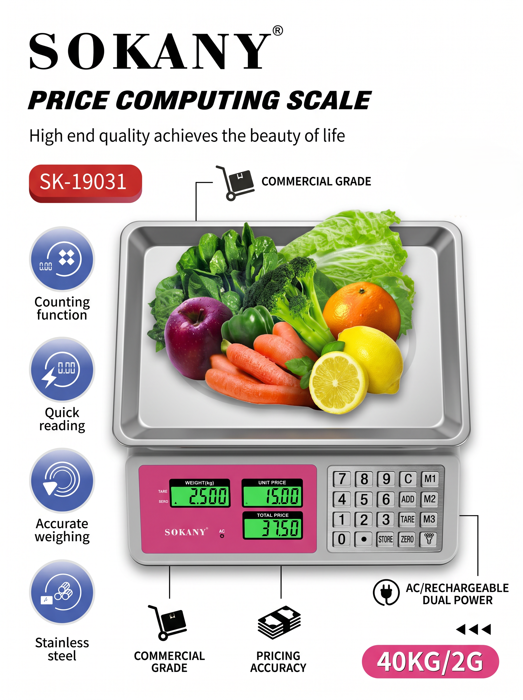 SOKANY Commercial Price Computing Scale – 40kg Capacity
