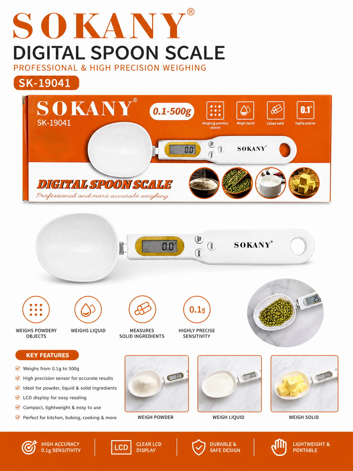 SOKANY Digital Spoon Scale - Precision from 0.1g – 500g