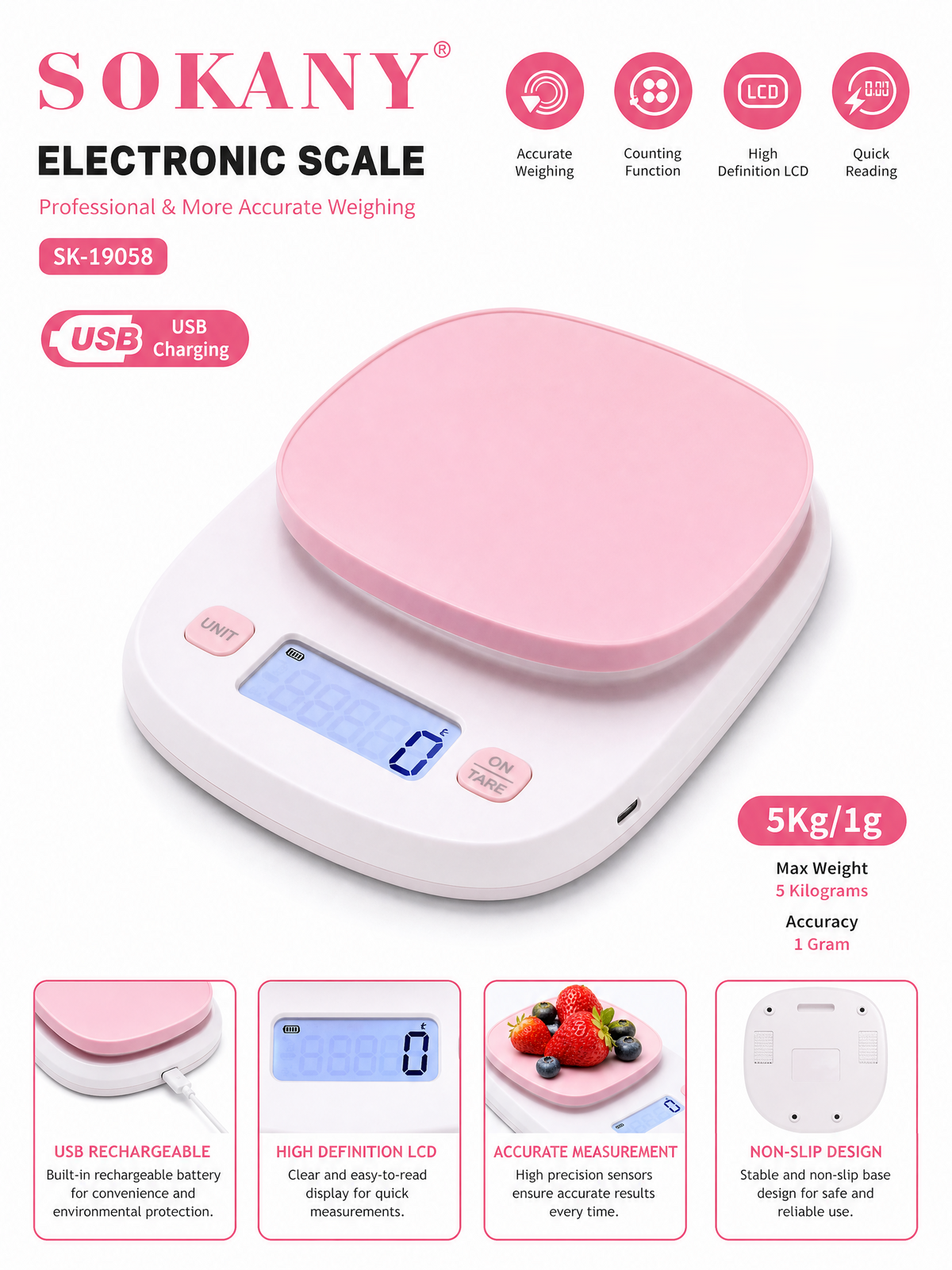 SOKANY Usb Rechargeable Electronic Kitchen Scale - 5kg Capacity