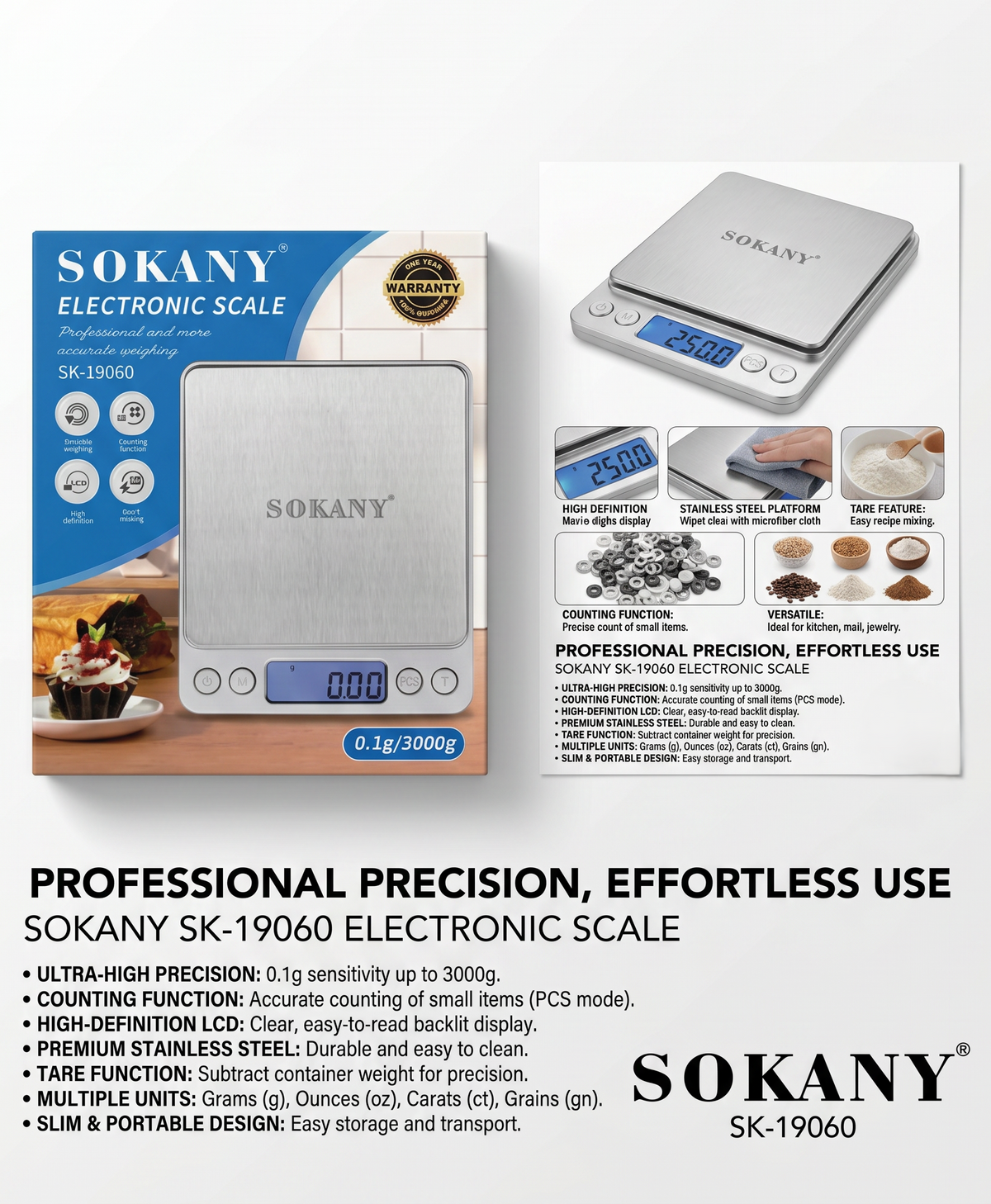 SOKANY Electronic Kitchen Scale - 0.1g Precision And Maximum Capacity Of 3000g
