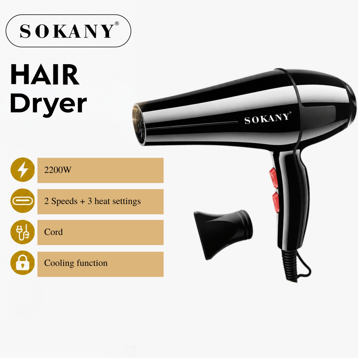 SOKANY Professional 2200W Hair Dryer | Fast Dry Styling