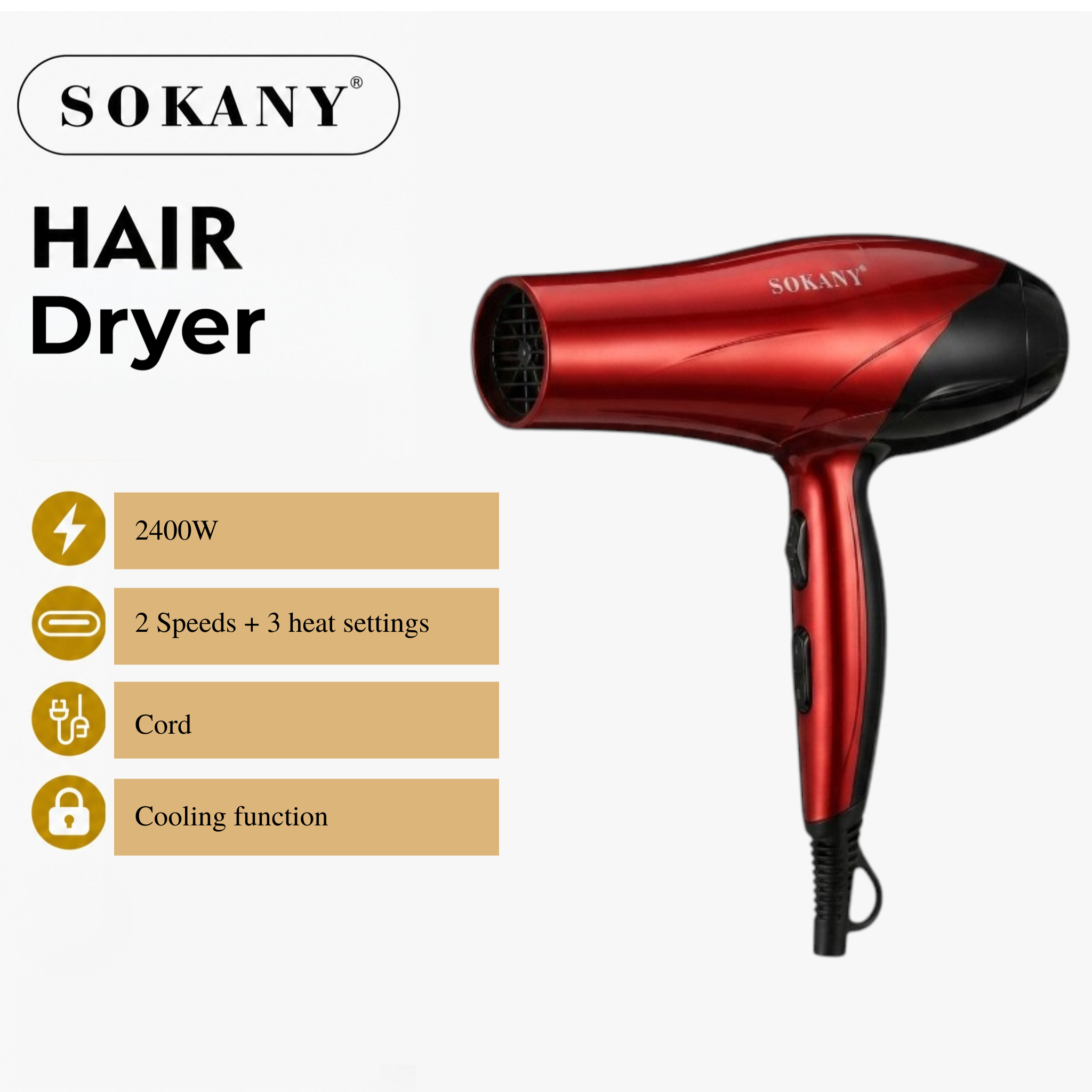 SOKANY 2400W Professional Hair Dryer | Fast Dry Styling