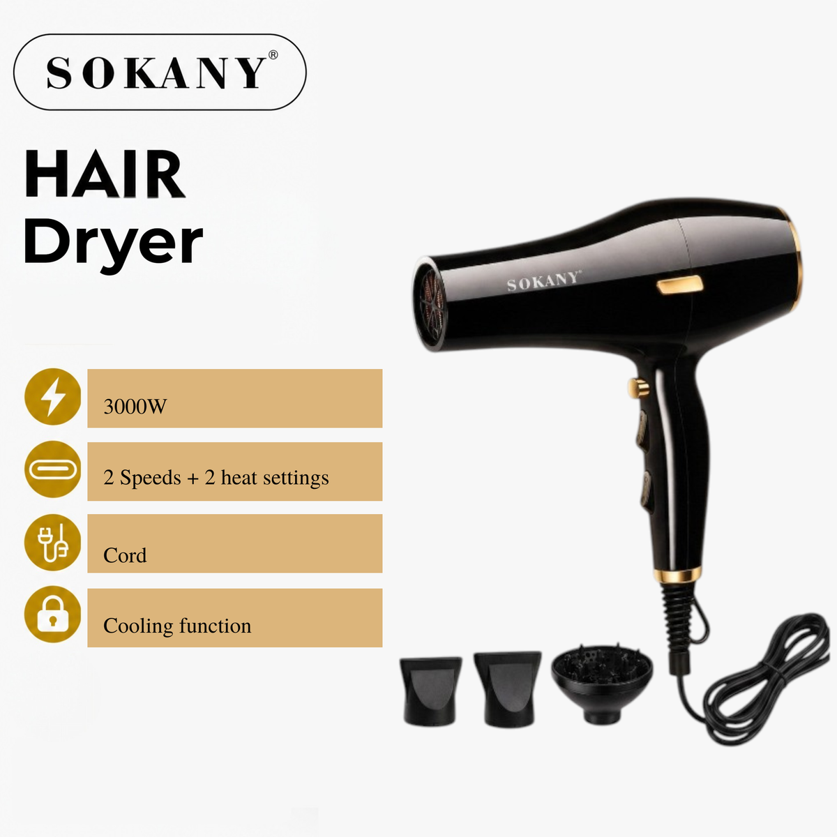 SOKANY 3000W Professional Hair Dryer | Ionic Fast Dry