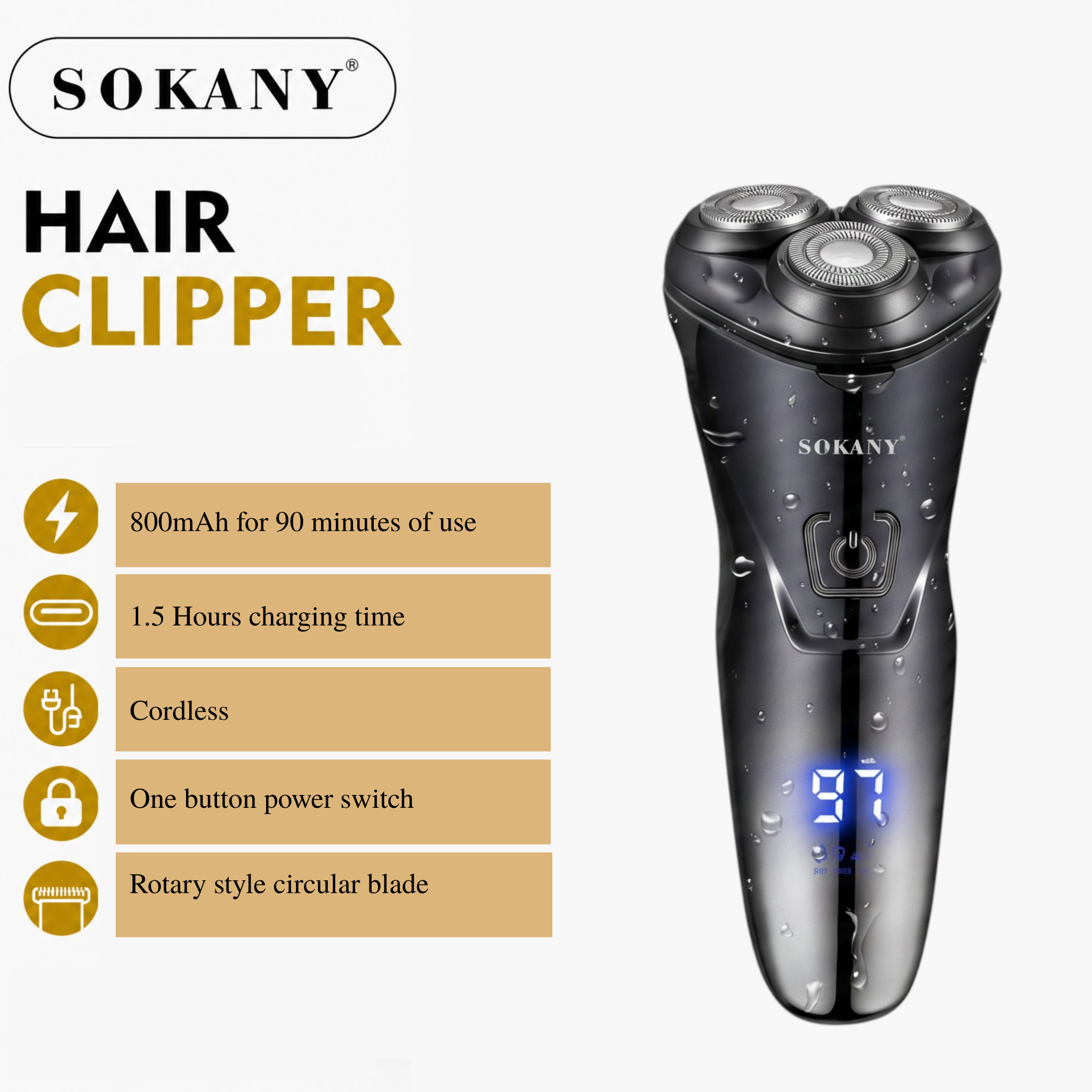 Sokany Electric Shaver for Men | Cordless Wet & Dry Rotary Electric Razor