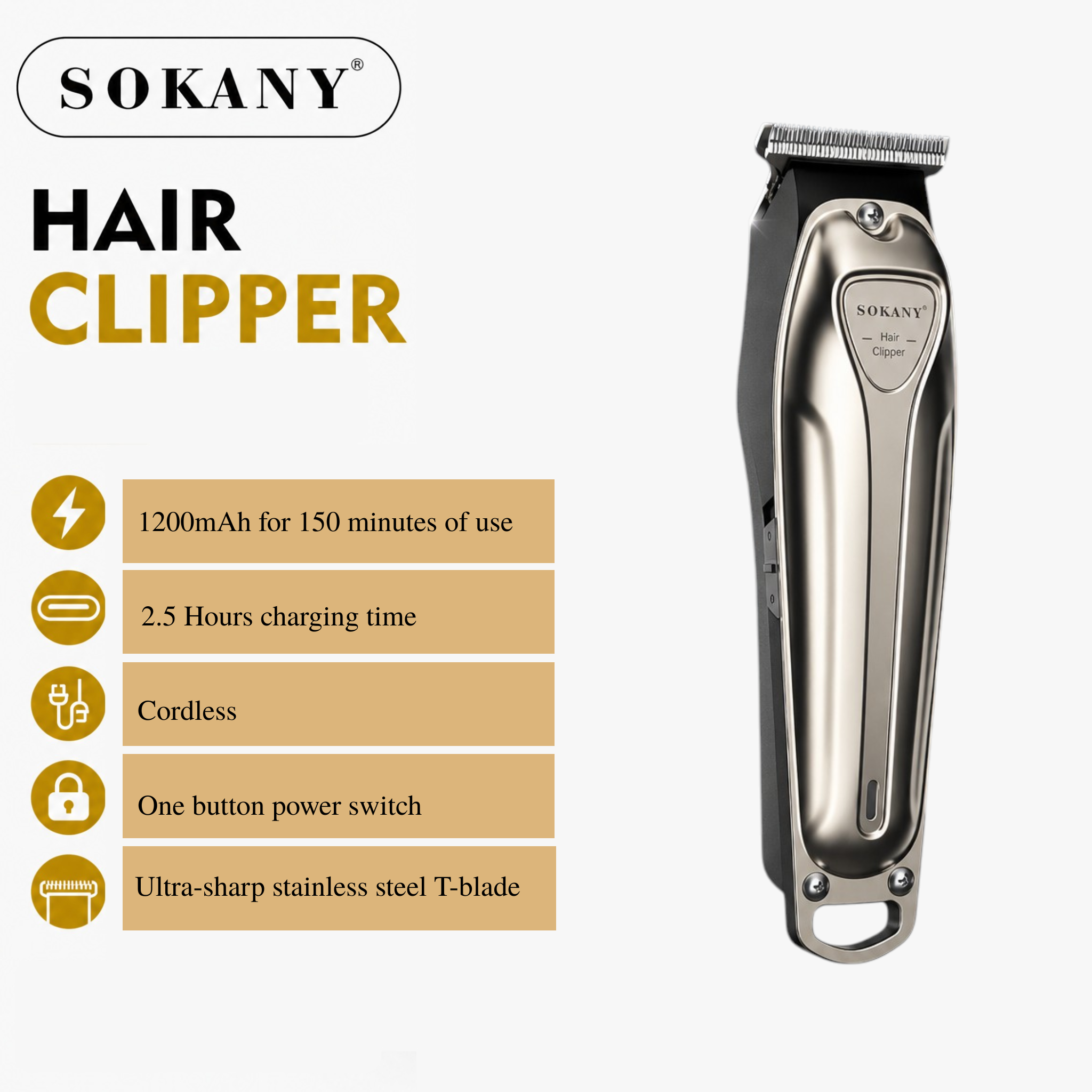 Sokany Cordless Hair Clipper & Trimmer | Stainless Steel Blade