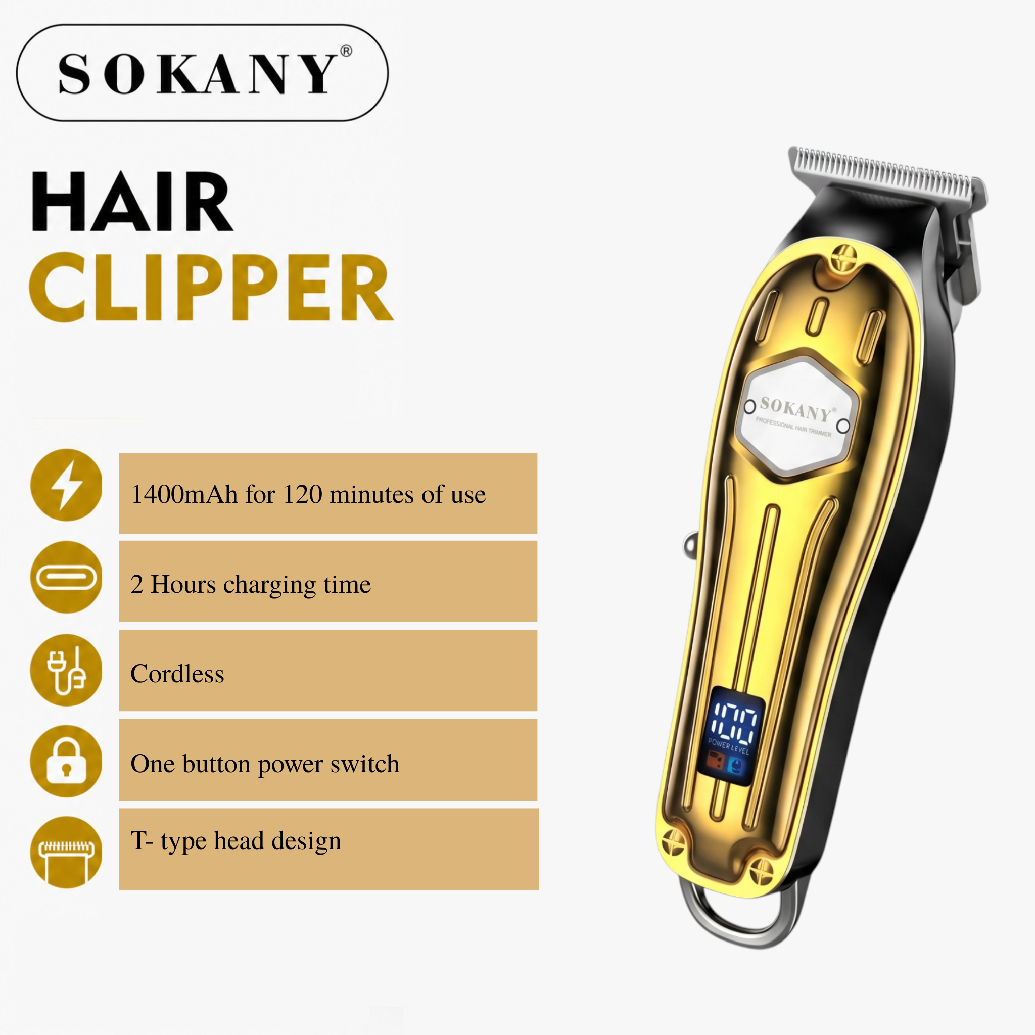 Sokany Professional Hair Trimmer Clipper Gold | Cordless Hair Cutting Clippers with LED Display
