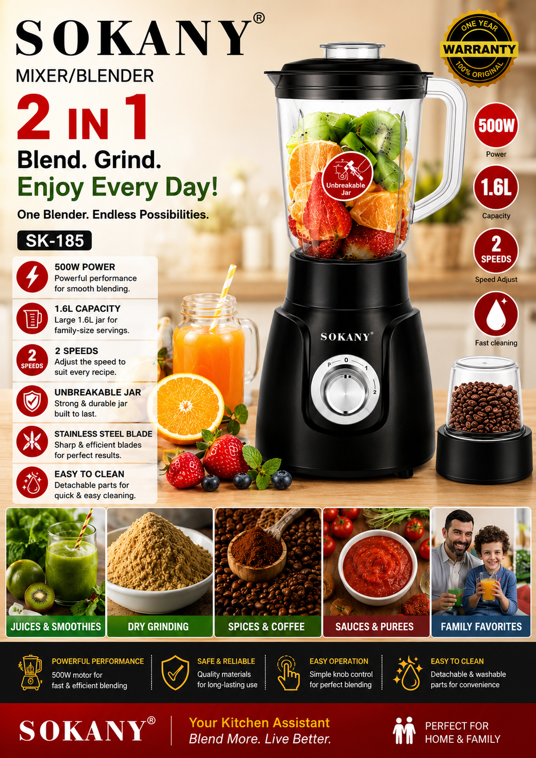 SOKANY 2-in-1 Blender & Coffee Grinder | 1.6L | 500W | SK-185