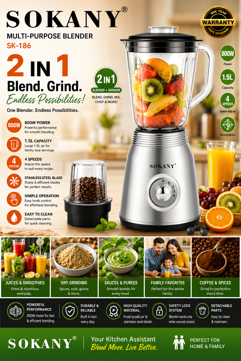 SOKANY 2-in-1 Blender & Grinder | 800W | 4 Speed Settings | 1.5L Capacity