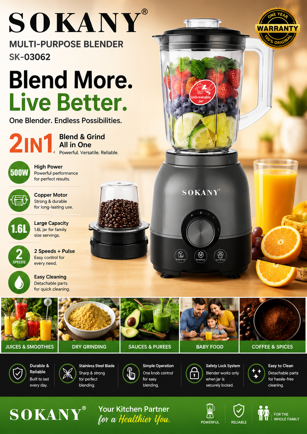 SOKANY 2-in-1 Blender & Grinder | 500W | 2 Speed Settings | 1.6L Capacity