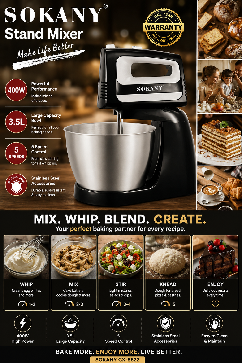 400W Stand Mixer | 3.5L Stainless Steel Bowl | CX-6622